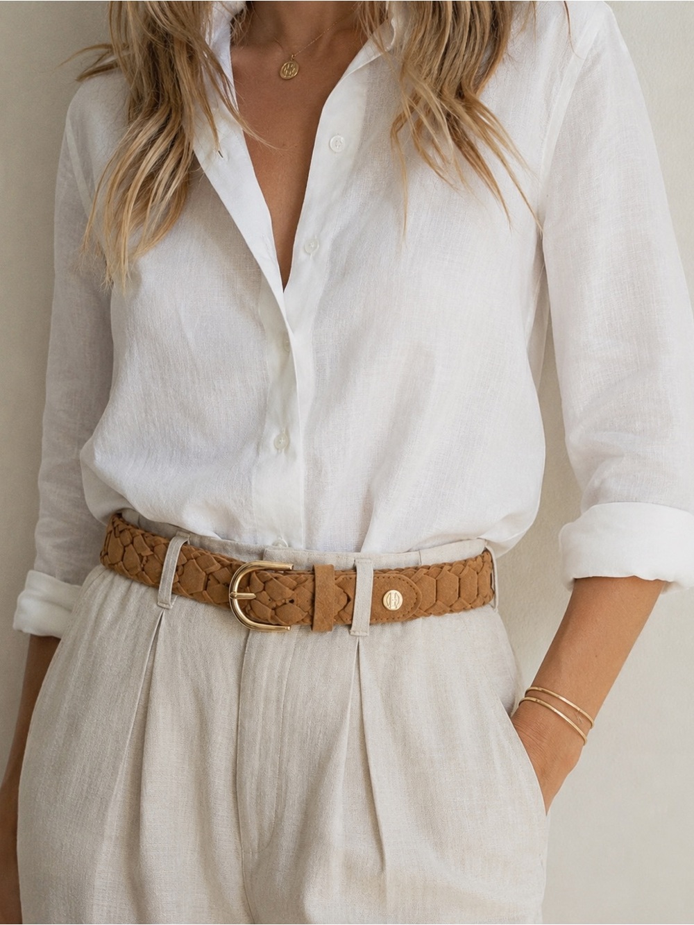 NWT House of Harlow 1960 Genuine Leather Braided Suede Belt Camel Gold Buckle